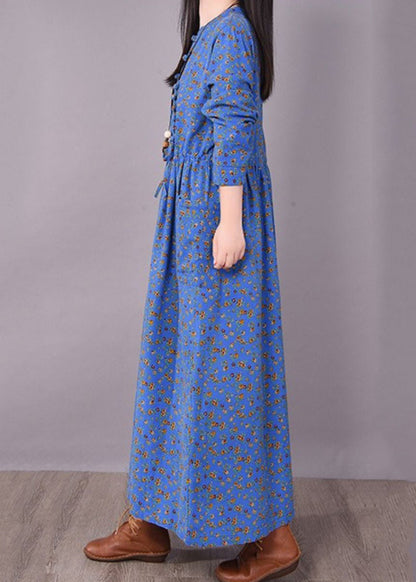 Blue O-neck Wrinkled Print Linen Dress Long Sleeve