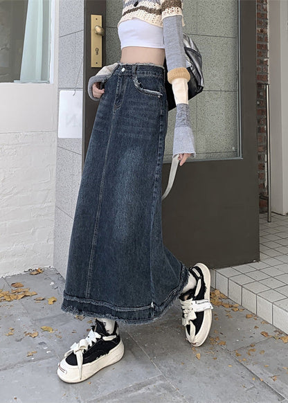 Blue Patchwork Button Denim a Line Skirts