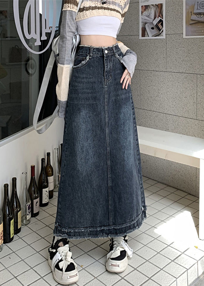 Blue Patchwork Button Denim a Line Skirts