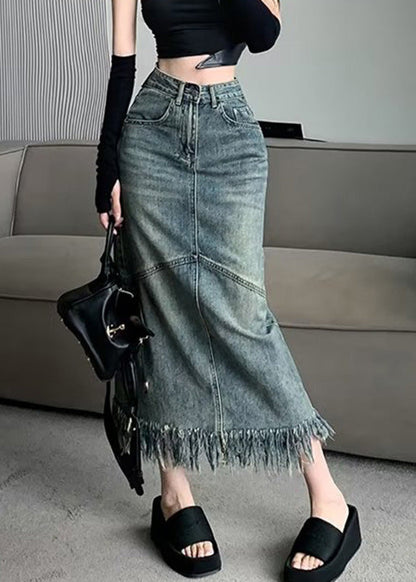 Blue Patchwork Tassel Denim Maxi Skirts Summer