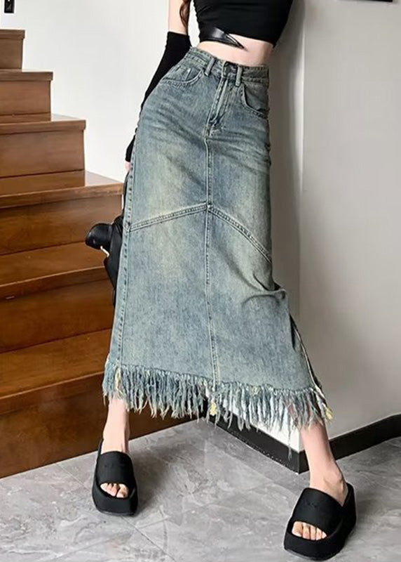Blue Patchwork Tassel Denim Maxi Skirts Summer
