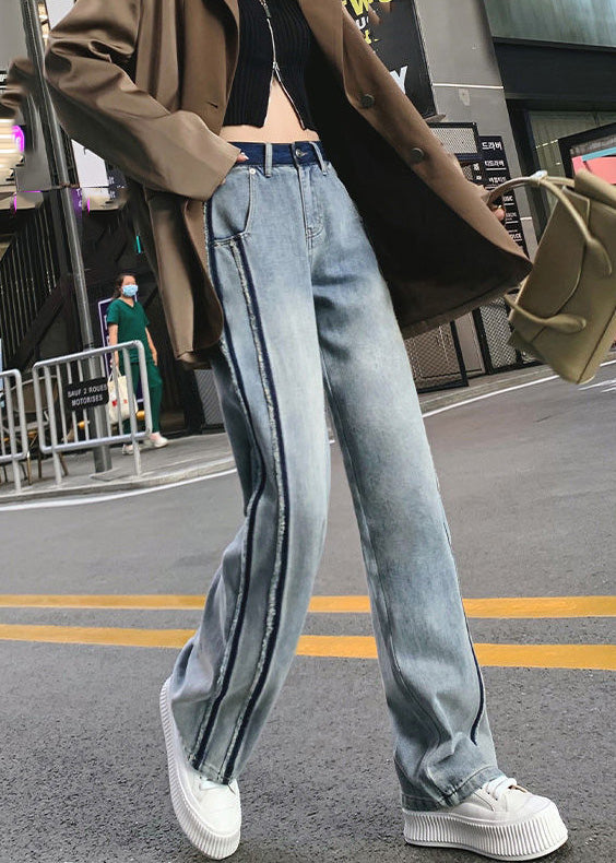 Blue Patchwork Zippered Button Straight Jeans