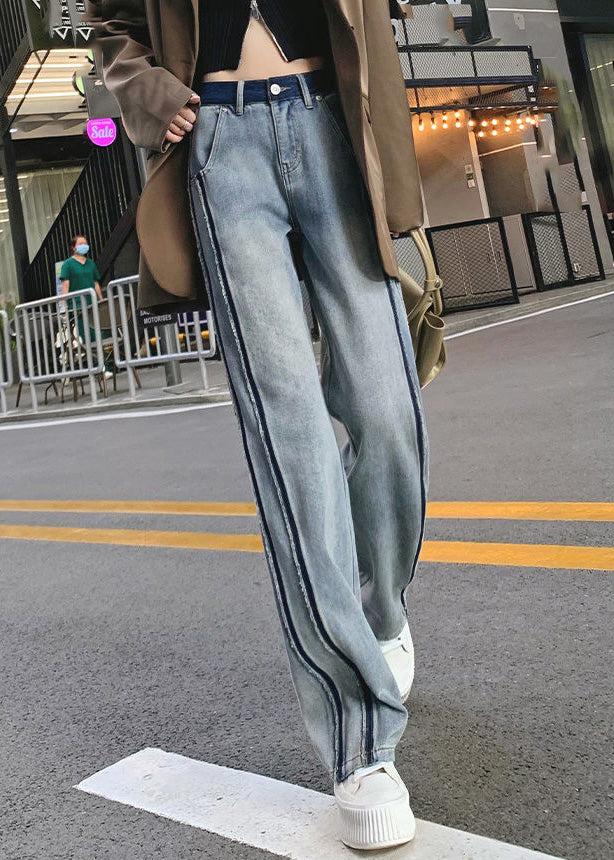 Blue Patchwork Zippered Button Straight Jeans