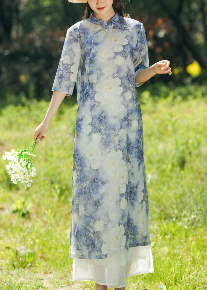 Blue Print Chinese Button Patchwork Linen Dresses Summer