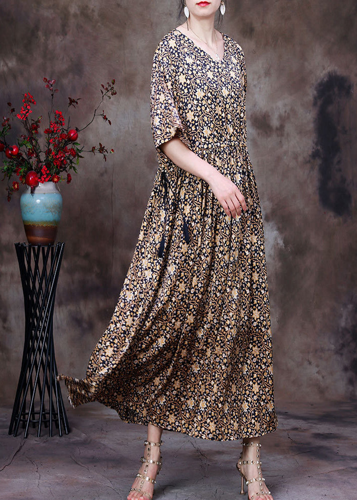 Blue Print V Neck Drawstring Silk Long Dresses for Half Sleeve
