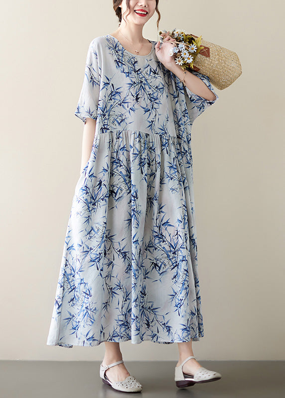 Blue Print Wrinkled Patchwork Robe Dresses Summer