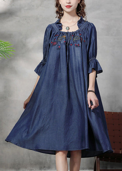 Blue Square Collar Embroidered Ruffled Patchwork Long Dresses Half Sleeve