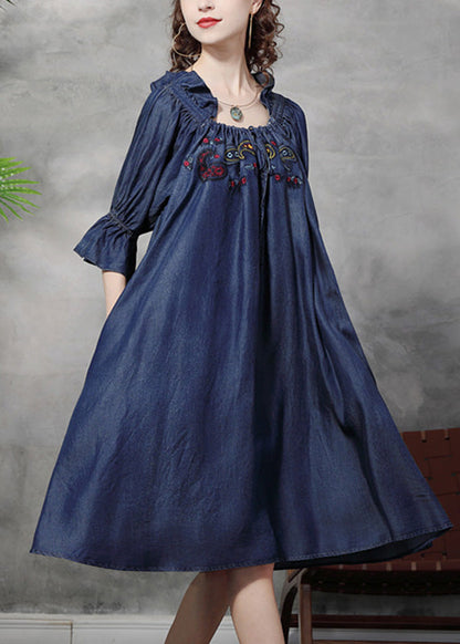 Blue Square Collar Embroidered Ruffled Patchwork Long Dresses Half Sleeve