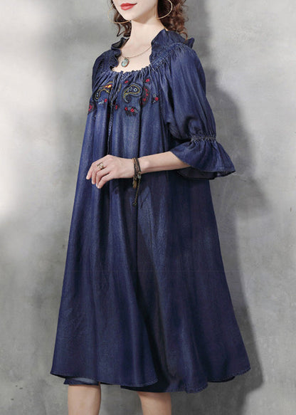 Blue Square Collar Embroidered Ruffled Patchwork Long Dresses Half Sleeve