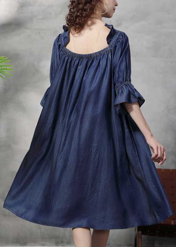 Blue Square Collar Embroidered Ruffled Patchwork Long Dresses Half Sleeve