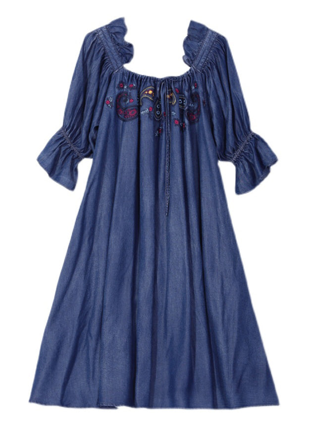 Blue Square Collar Embroidered Ruffled Patchwork Long Dresses Half Sleeve
