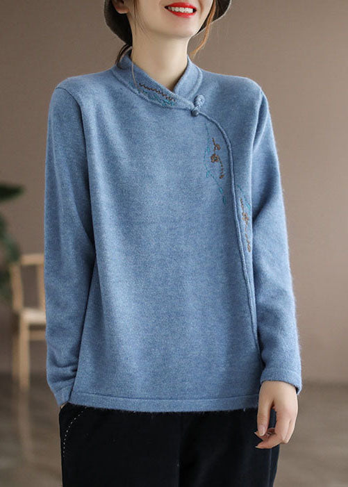 Blue Stand Collar Embroideried Thick Knitted Sweater Long Sleeve