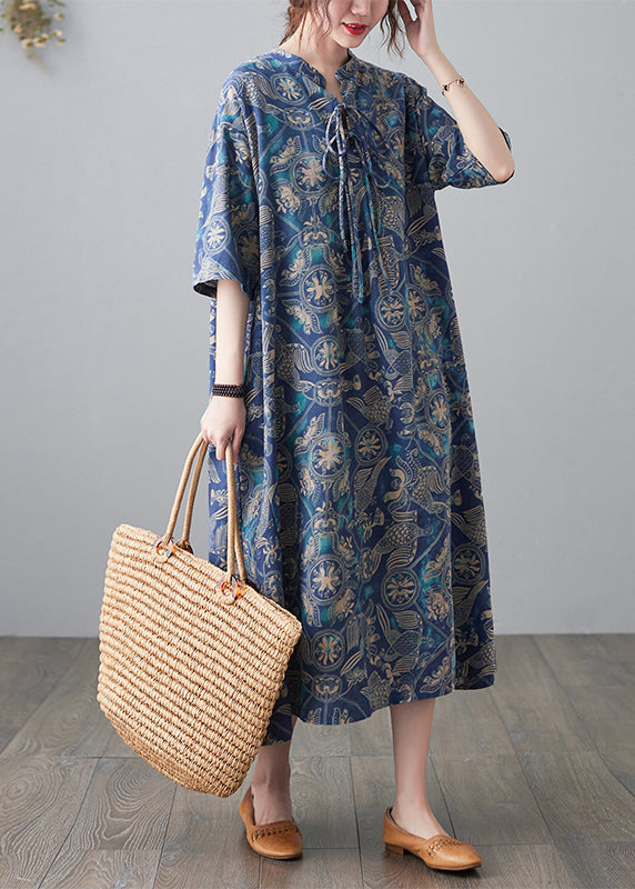 Blue Stand Collar Lace Up Print Linen Dresses Half Sleeve