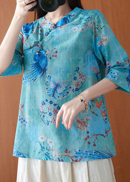 Blue Stand Collar Print Button Tops Spring