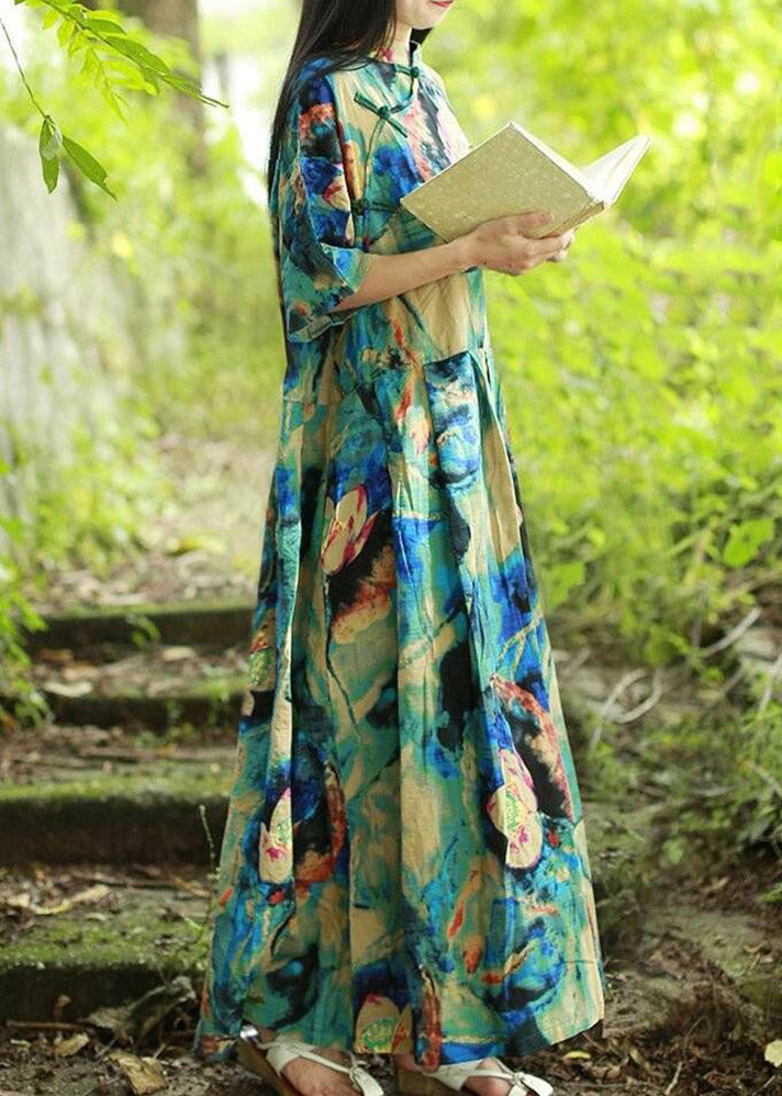 Blue Stand Collar Print Long Dress Short Sleeve