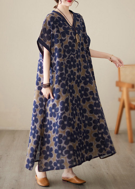 Blue V Neck Print Robe Dresses Short Sleeve