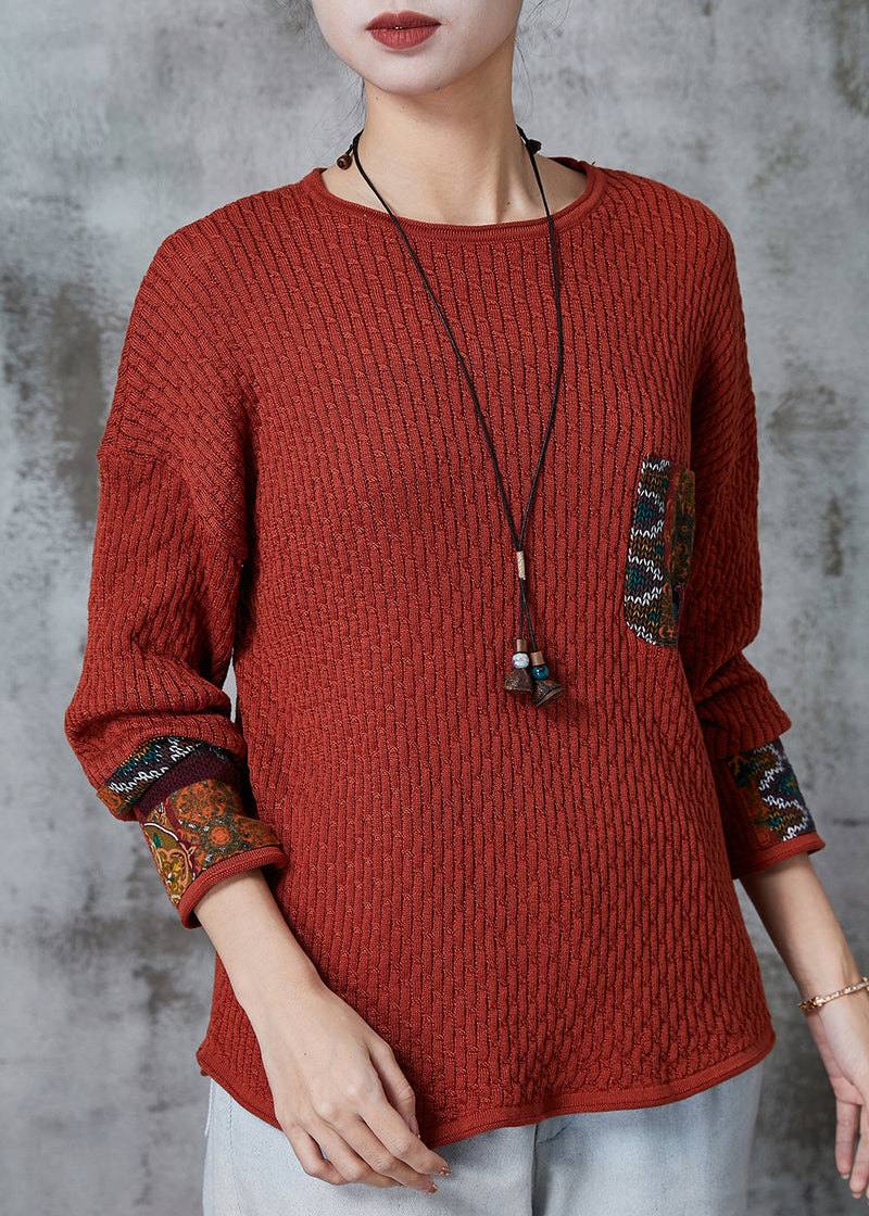 Brick Red Applique Patchwork Knit Sweater Spring