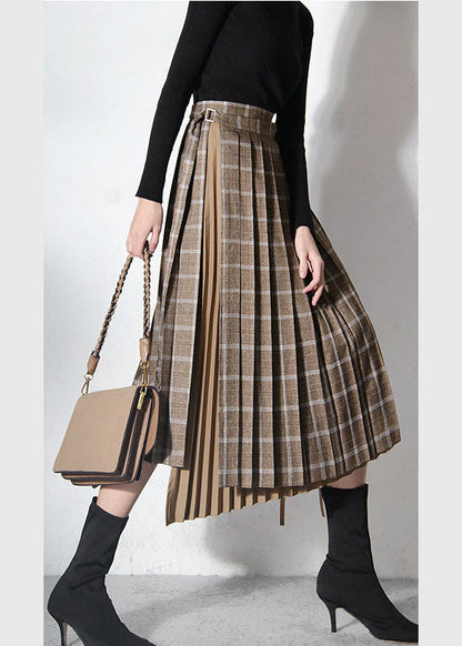 Brown Asymmetrical Patchwork Tie Waist Skirts Spring