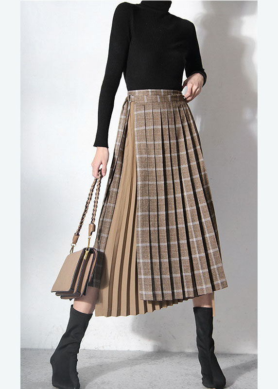 Brown Asymmetrical Patchwork Tie Waist Skirts Spring