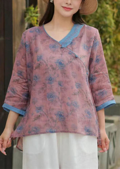 Brown Chinese Button Print Patchwork Linen Top Bracelet Sleeved