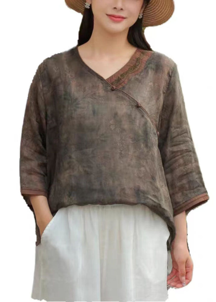 Brown Chinese Button Print Patchwork Linen Top Bracelet Sleeved