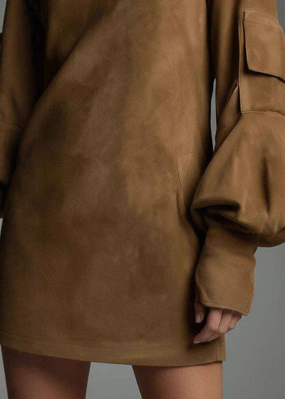 Brown High Neck Faux Suede Mid Dress Lantern Sleeve