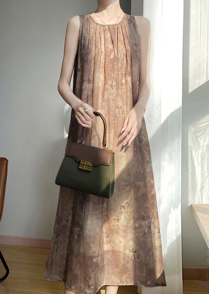 Brown O Neck Print Cotton Long Dress Sleeveless