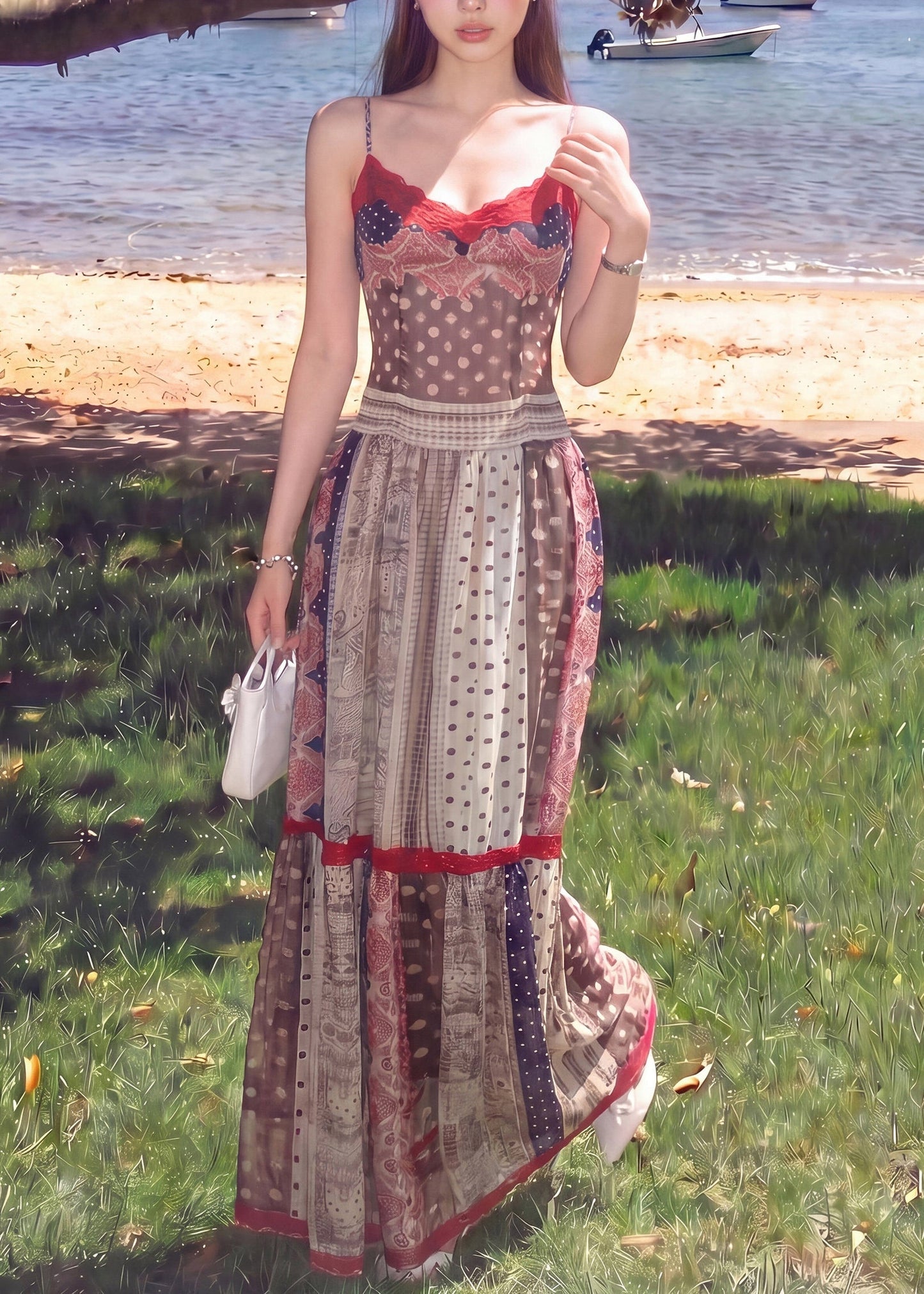Brown Print Silm Fit Cotton Spaghetti Strap Dress Summer