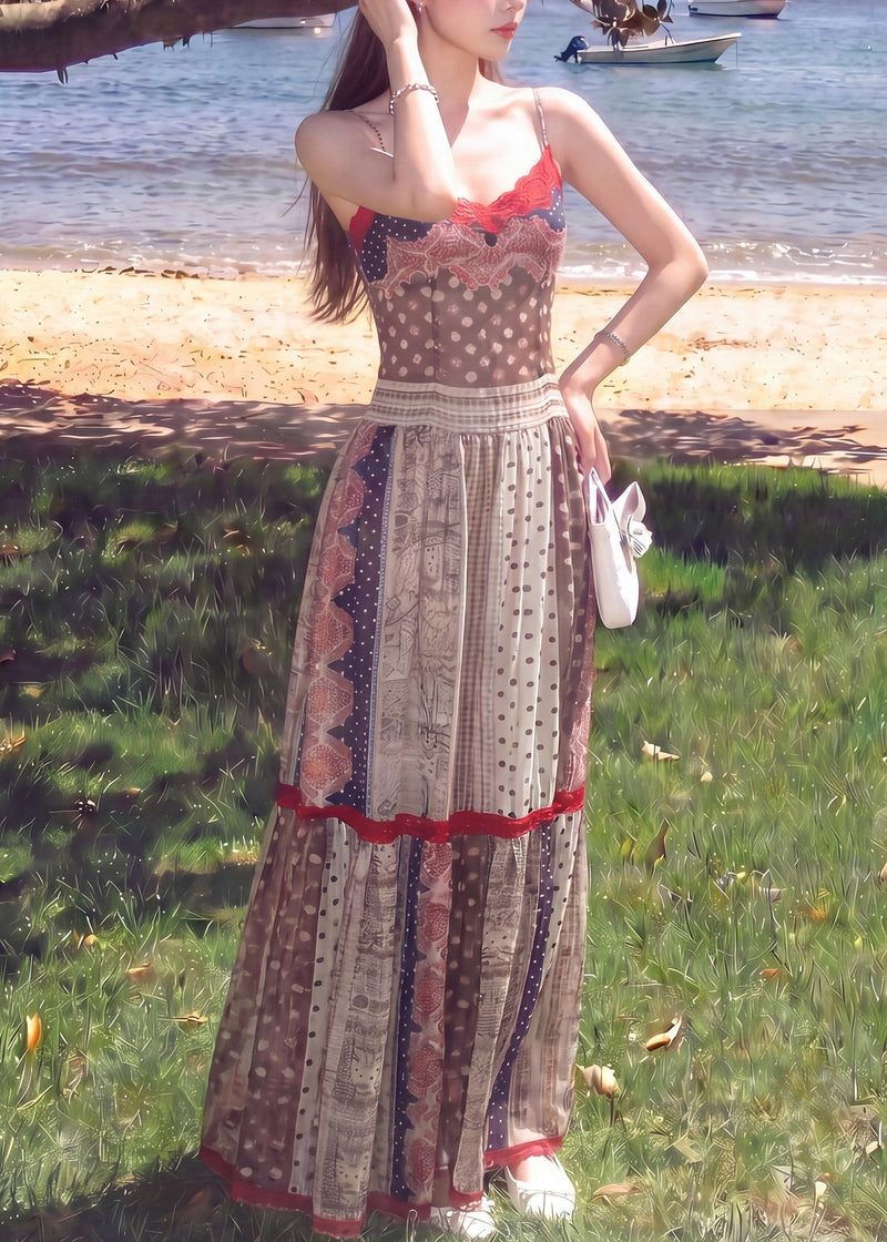 Brown Print Silm Fit Cotton Spaghetti Strap Dress Summer
