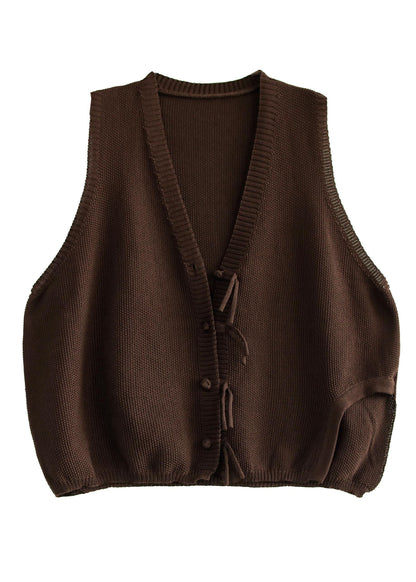 Brown V Neck Button Tassel Patchwork Knit Vest Sleeveless