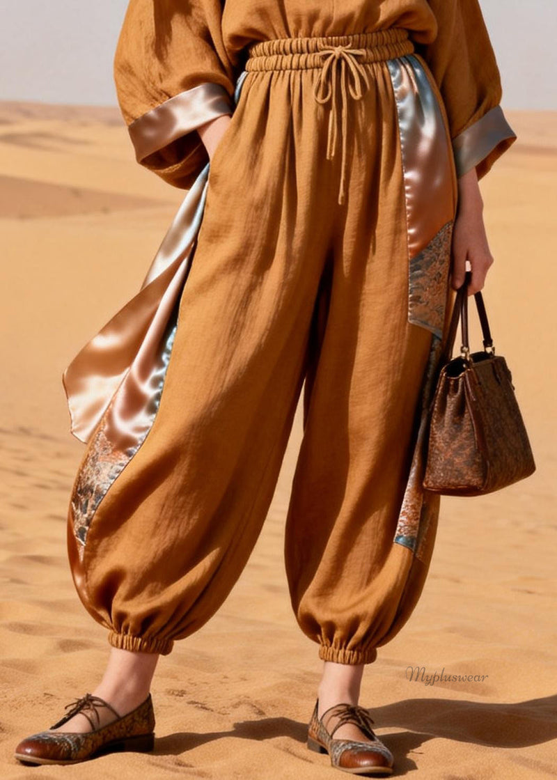 Caramel Pockets Elastic Waist Patchwork Silk Linen Two Pieces Set Spring