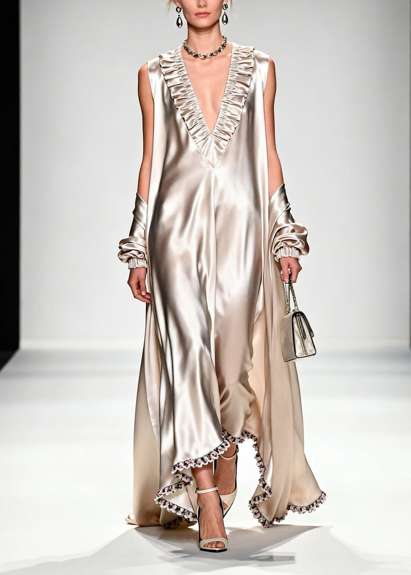 Champagne V Neck Patchwork Flower Lace Silk Holiday Dress Summer
