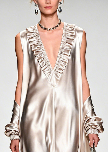 Champagne V Neck Patchwork Flower Lace Silk Holiday Dress Summer