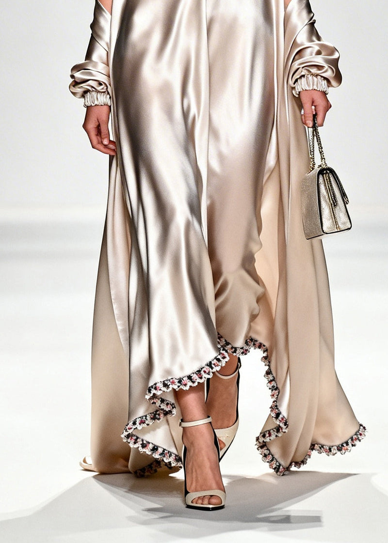 Champagne V Neck Patchwork Flower Lace Silk Holiday Dress Summer