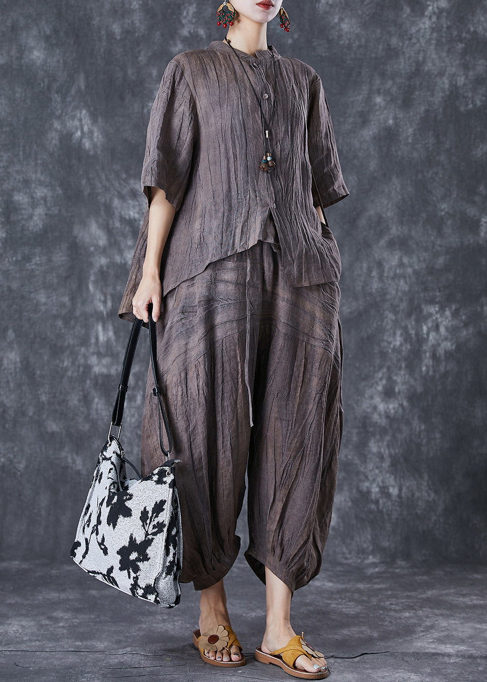 Chocolate Asymmetrical Tie Dye Linen Two Pieces Set Summer