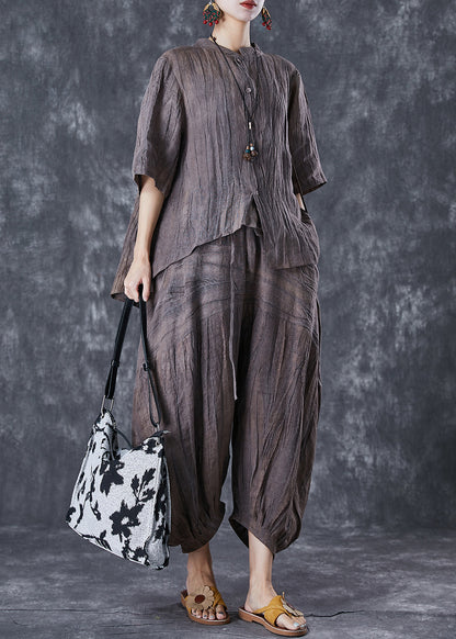 Chocolate Asymmetrical Tie Dye Linen Two Pieces Set Summer