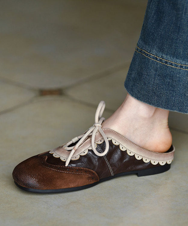 Chocolate Flat Embossed Lace Up Cowhide Leather Slippers