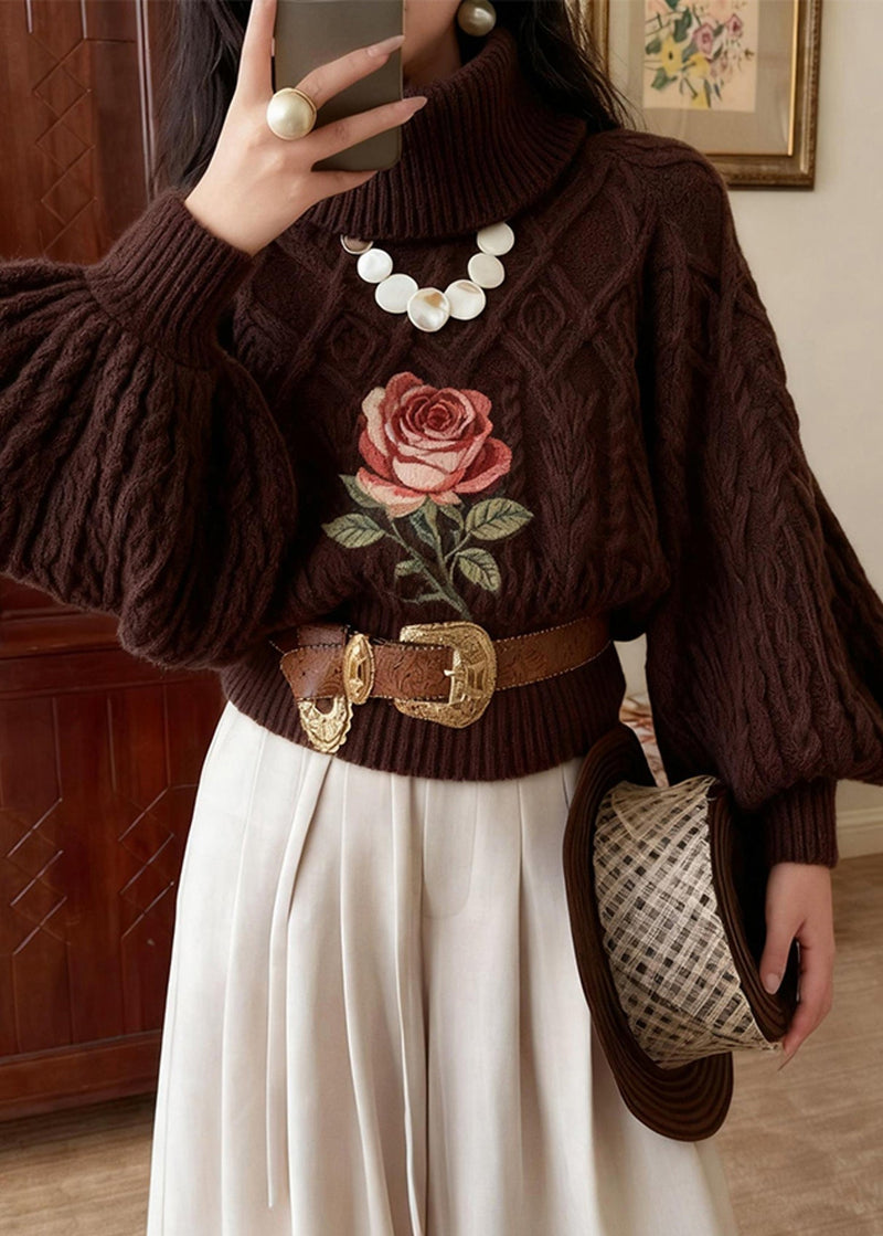 Chocolate Turtleneck Rose Knitted Cotton Sweater Winter
