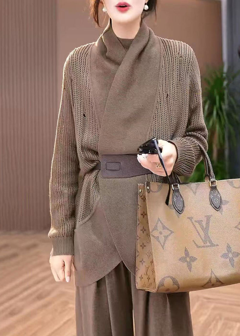 Coffee Hollow Out Knit Cardigans Winter