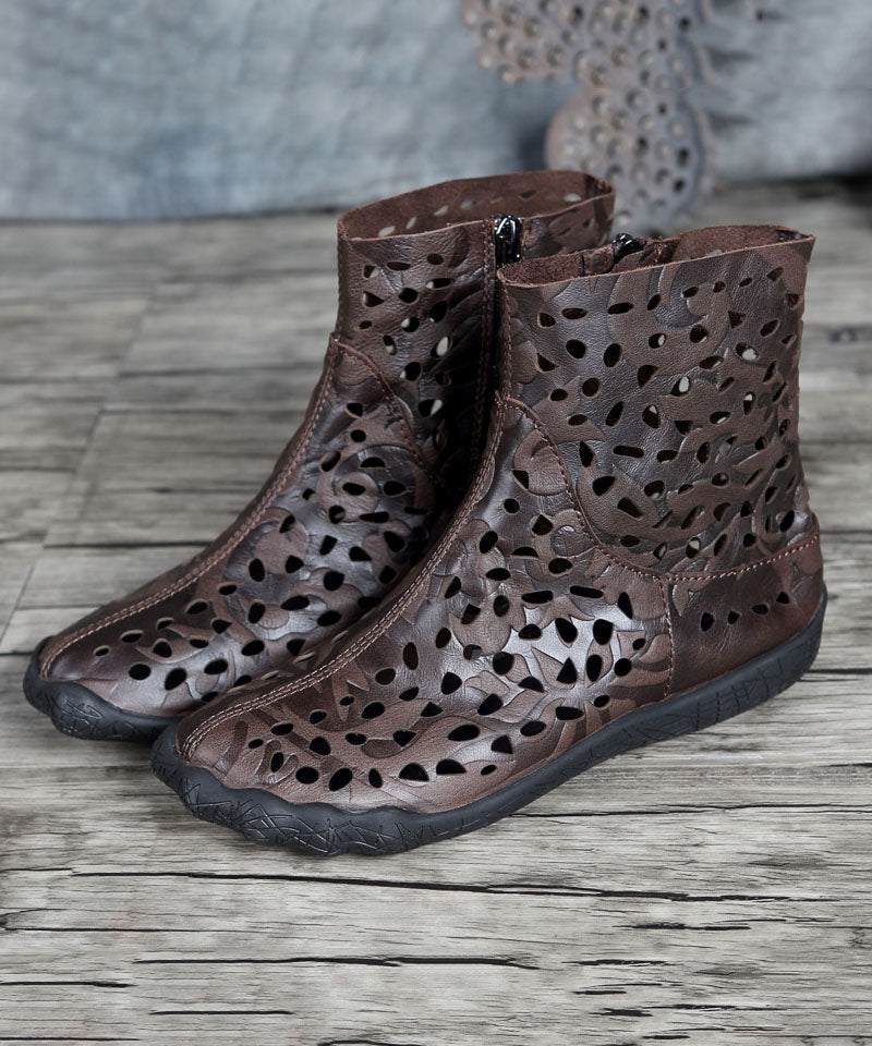 Coffee Hollow Out Zippered Splicing Cowhide Leather Boots