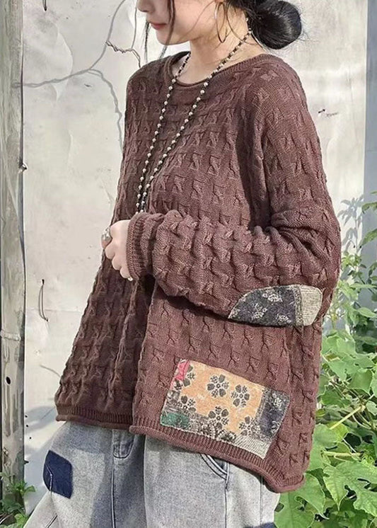 Chocolate O-neck Oversized Patchwork Applique Knit Sweaters Winter