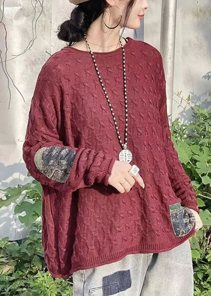 Chocolate O-neck Oversized Patchwork Applique Knit Sweaters Winter