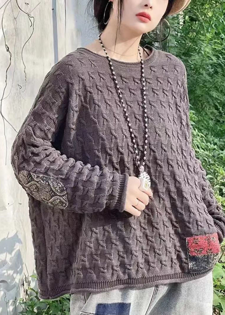 Chocolate O-neck Oversized Patchwork Applique Knit Sweaters Winter