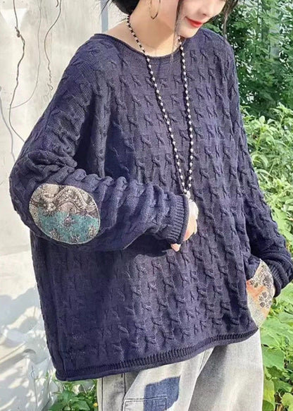 Chocolate O-neck Oversized Patchwork Applique Knit Sweaters Winter