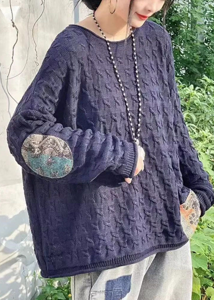 Chocolate O-neck Oversized Patchwork Applique Knit Sweaters Winter