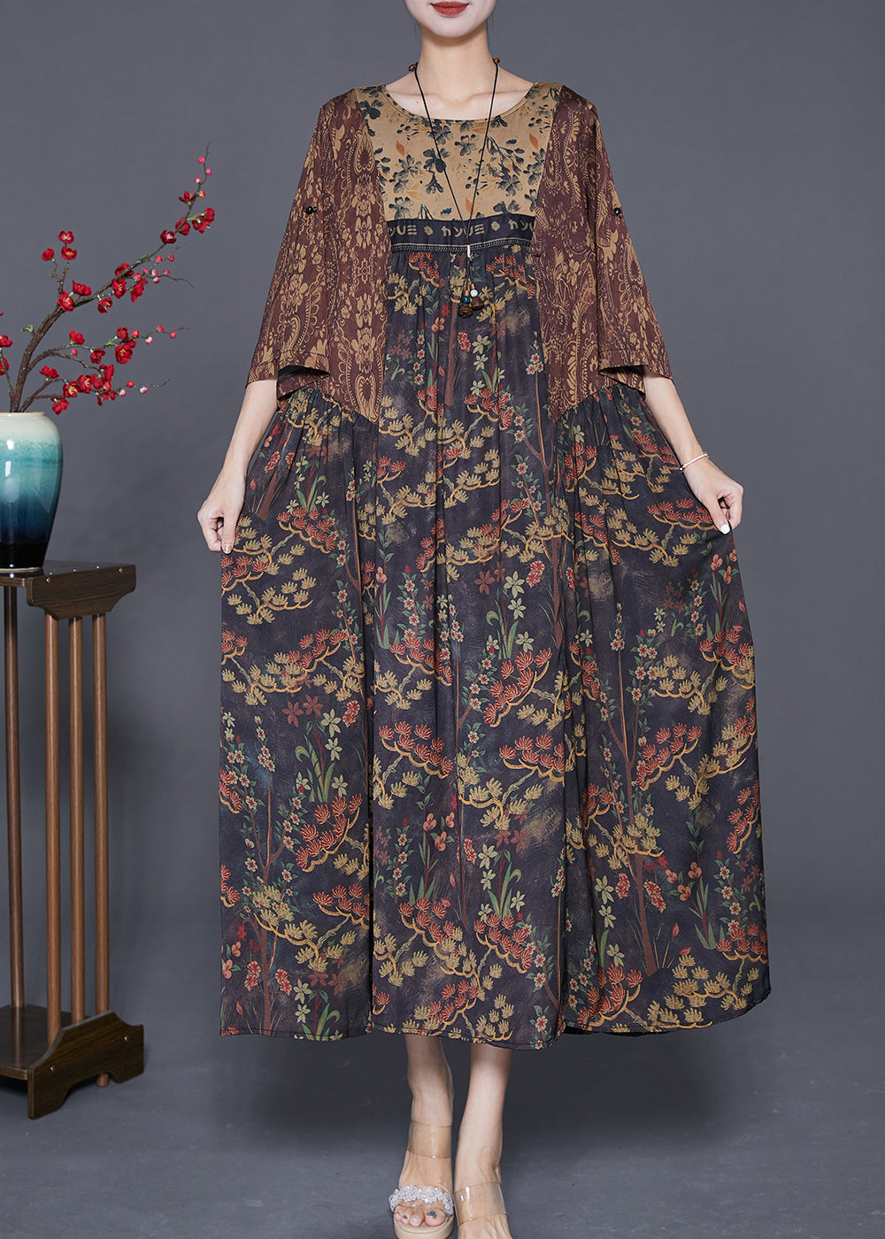 Coffee Oversized Patchwork Print Silk Dress Summer