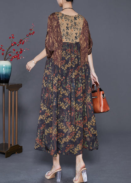Coffee Oversized Patchwork Print Silk Dress Summer