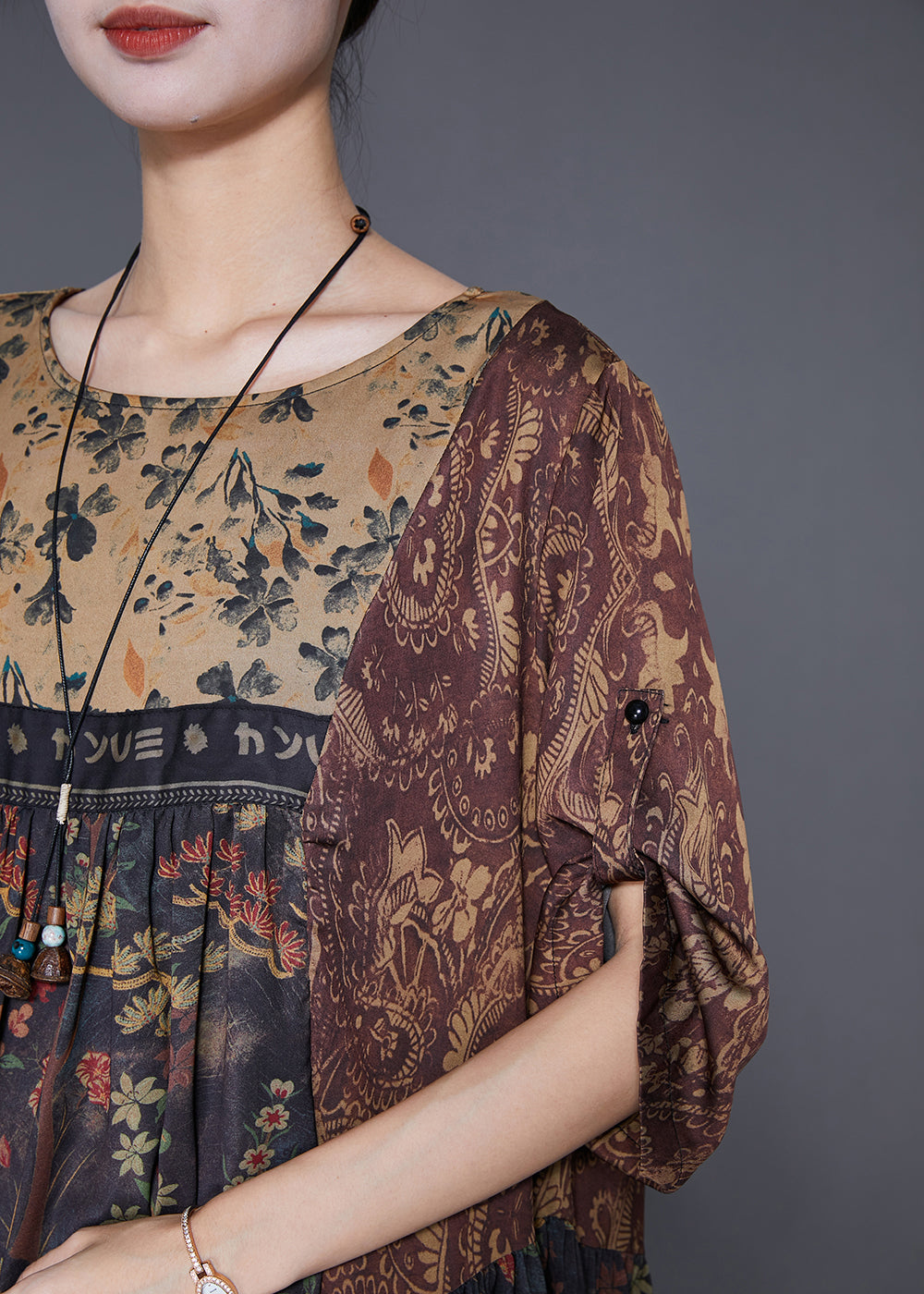 Coffee Oversized Patchwork Print Silk Dress Summer
