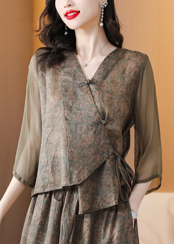 Coffee Print Chinese Button Lace Up Patchwork Linen Top Summer