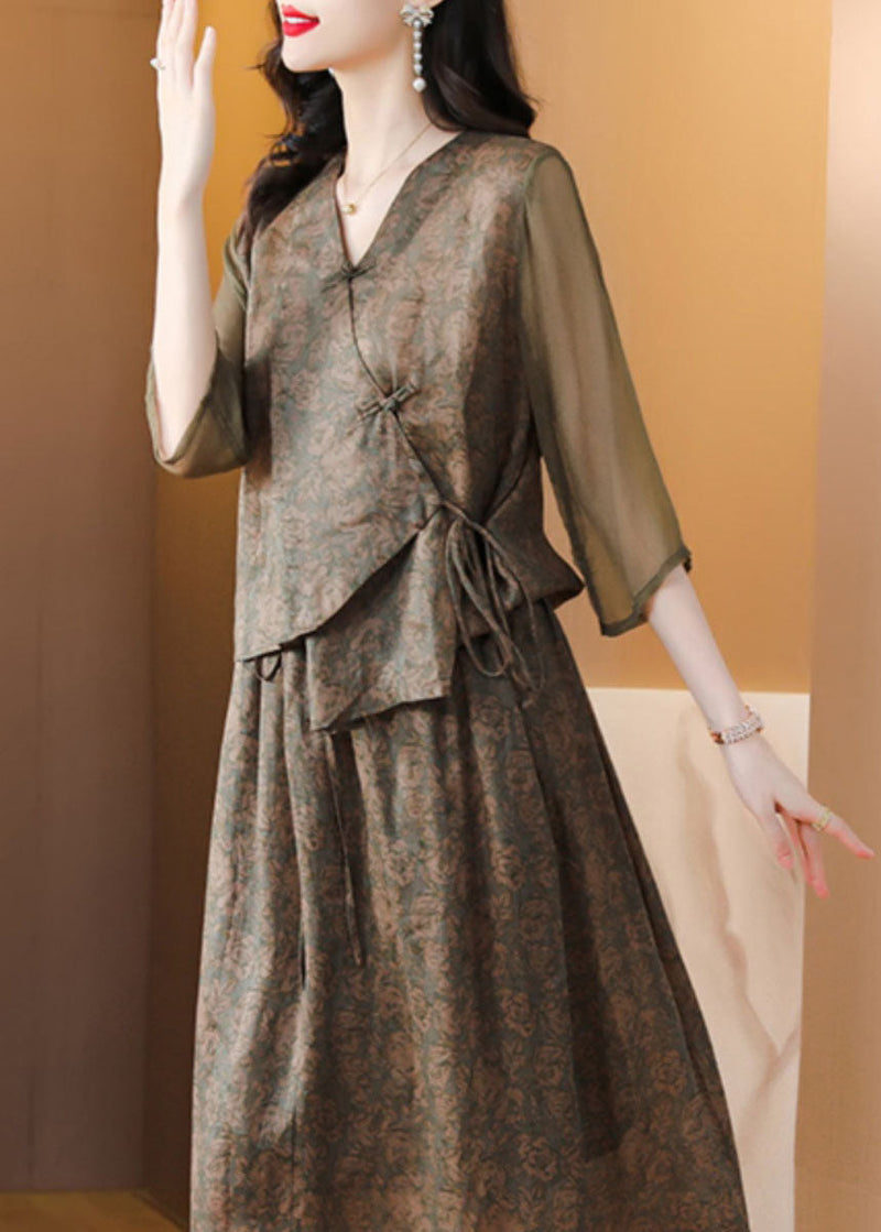 Coffee Print Chinese Button Lace Up Patchwork Linen Top Summer